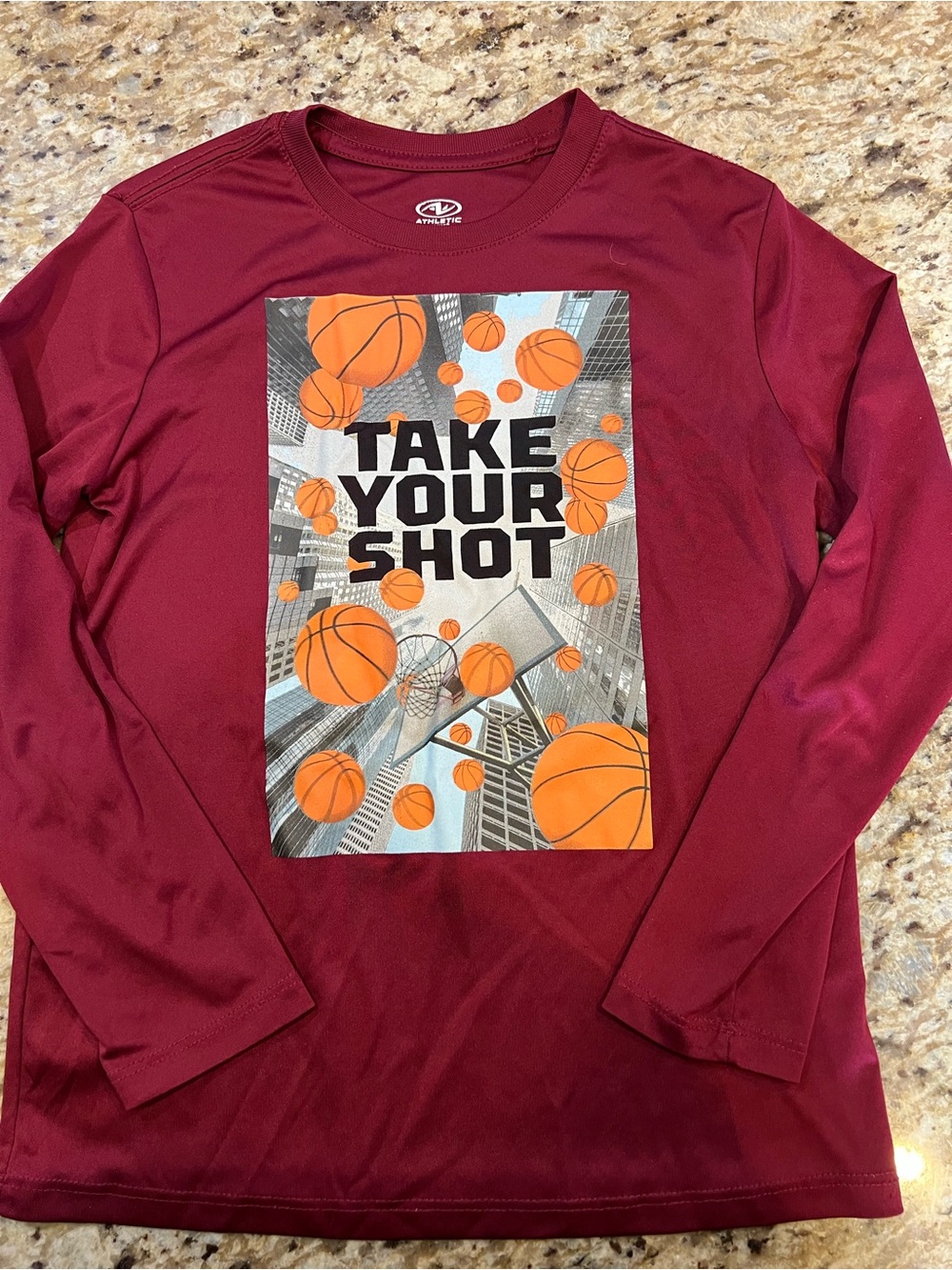 Athletic Works Maroon Long Sleeve Tee with Orange Basketball Graphic